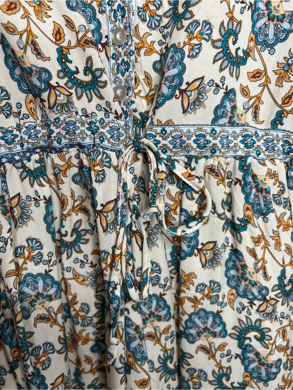 Boho Floral V-Neck Tunic Dress in Teal & Mustard Size Medium - Picture 6 of 7
